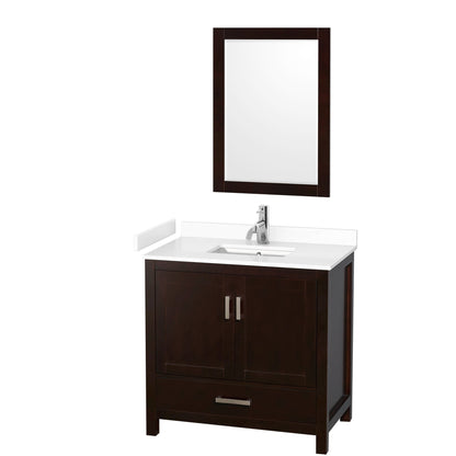 Wyndham Collection Sheffield 36" Single Bathroom Vanity in Espresso, White Cultured Marble Countertop, Undermount Square Sink, 24" Mirror
