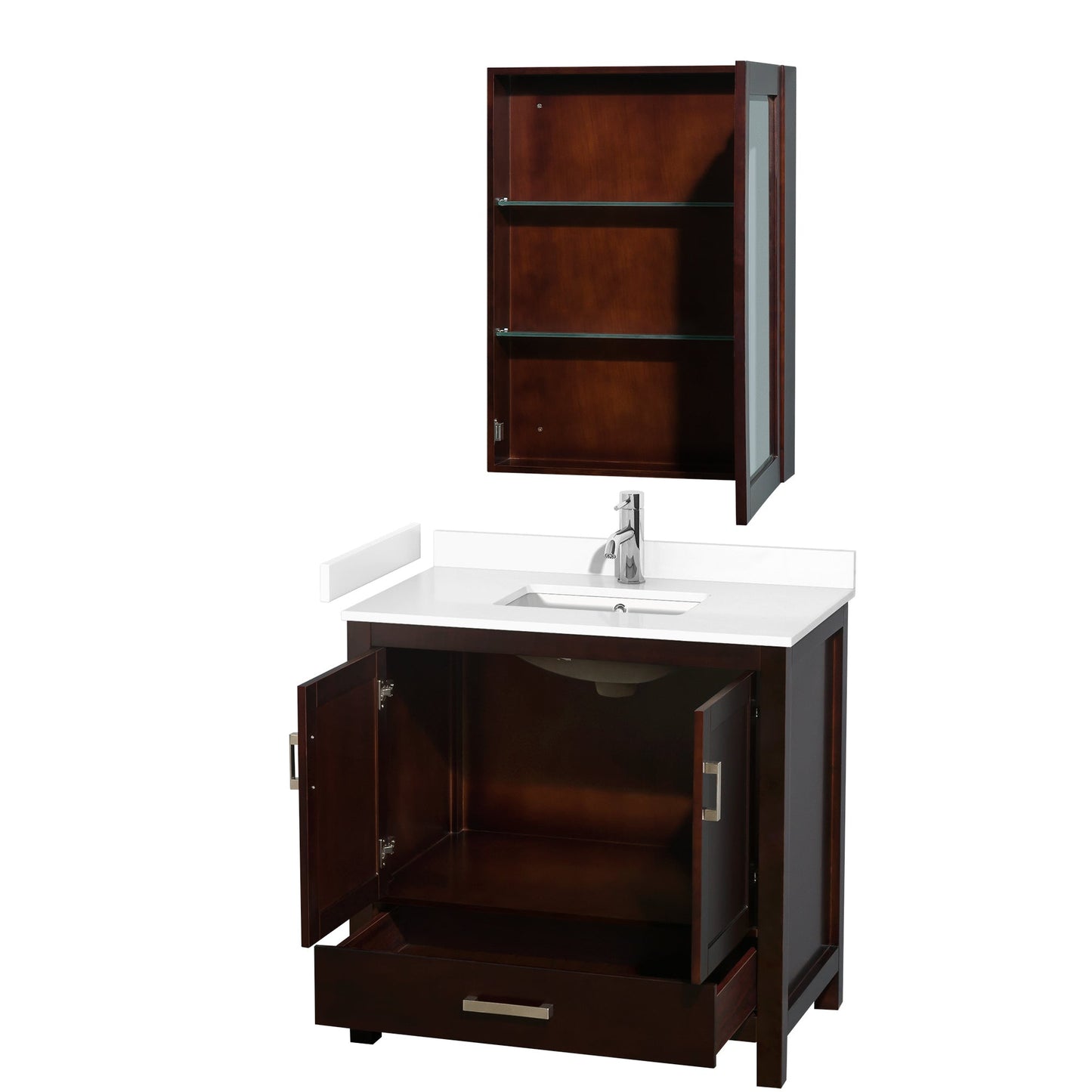 Wyndham Collection Sheffield 36" Single Bathroom Vanity in Espresso, White Cultured Marble Countertop, Undermount Square Sink, Medicine Cabinet