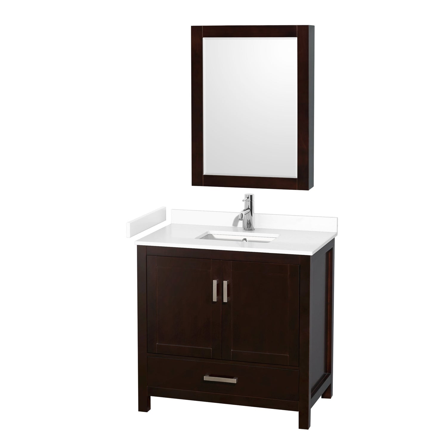Wyndham Collection Sheffield 36" Single Bathroom Vanity in Espresso, White Cultured Marble Countertop, Undermount Square Sink, Medicine Cabinet