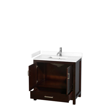 Wyndham Collection Sheffield 36" Single Bathroom Vanity in Espresso, White Cultured Marble Countertop, Undermount Square Sink, No Mirror