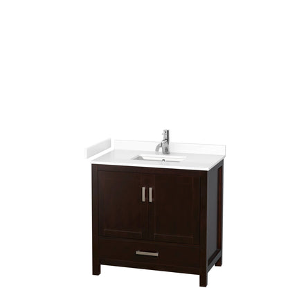 Wyndham Collection Sheffield 36" Single Bathroom Vanity in Espresso, White Cultured Marble Countertop, Undermount Square Sink, No Mirror