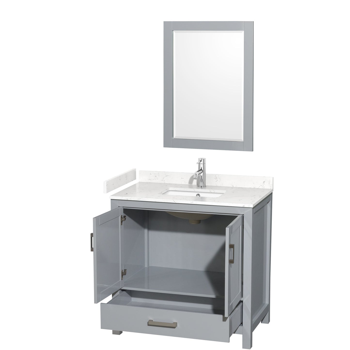 Wyndham Collection Sheffield 36" Single Bathroom Vanity in Gray, Carrara Cultured Marble Countertop, Undermount Square Sink, 24" Mirror