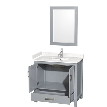 Wyndham Collection Sheffield 36" Single Bathroom Vanity in Gray, Carrara Cultured Marble Countertop, Undermount Square Sink, 24" Mirror