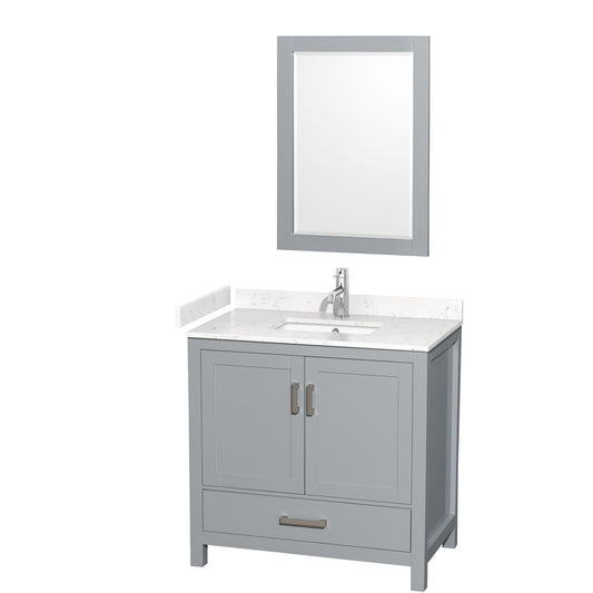 Wyndham Collection Sheffield 36" Single Bathroom Vanity in Gray, Carrara Cultured Marble Countertop, Undermount Square Sink, 24" Mirror