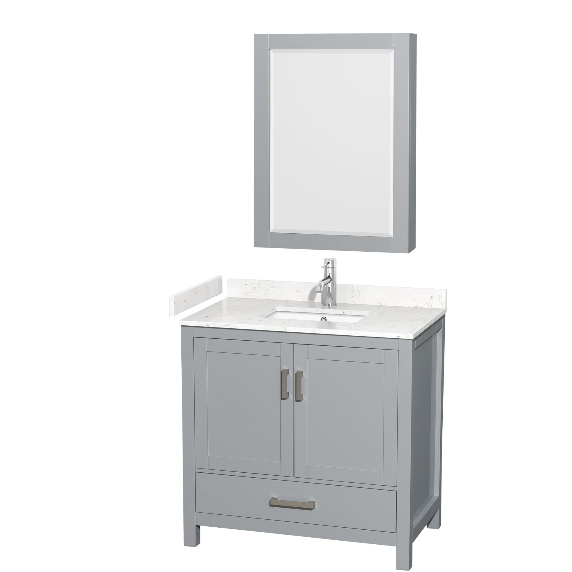 Wyndham Collection Sheffield 36" Single Bathroom Vanity in Gray, Carrara Cultured Marble Countertop, Undermount Square Sink, Medicine Cabinet