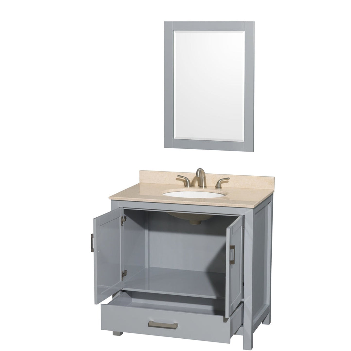 Wyndham Collection Sheffield 36" Single Bathroom Vanity in Gray, Ivory Marble Countertop, Undermount Oval Sink, and 24" Mirror