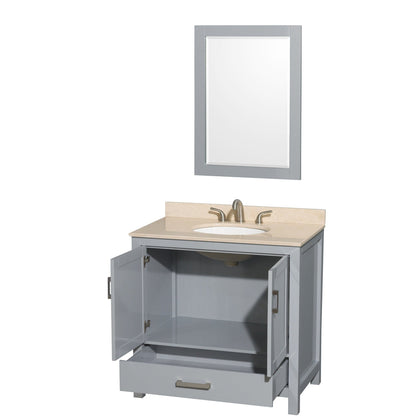 Wyndham Collection Sheffield 36" Single Bathroom Vanity in Gray, Ivory Marble Countertop, Undermount Oval Sink, and 24" Mirror