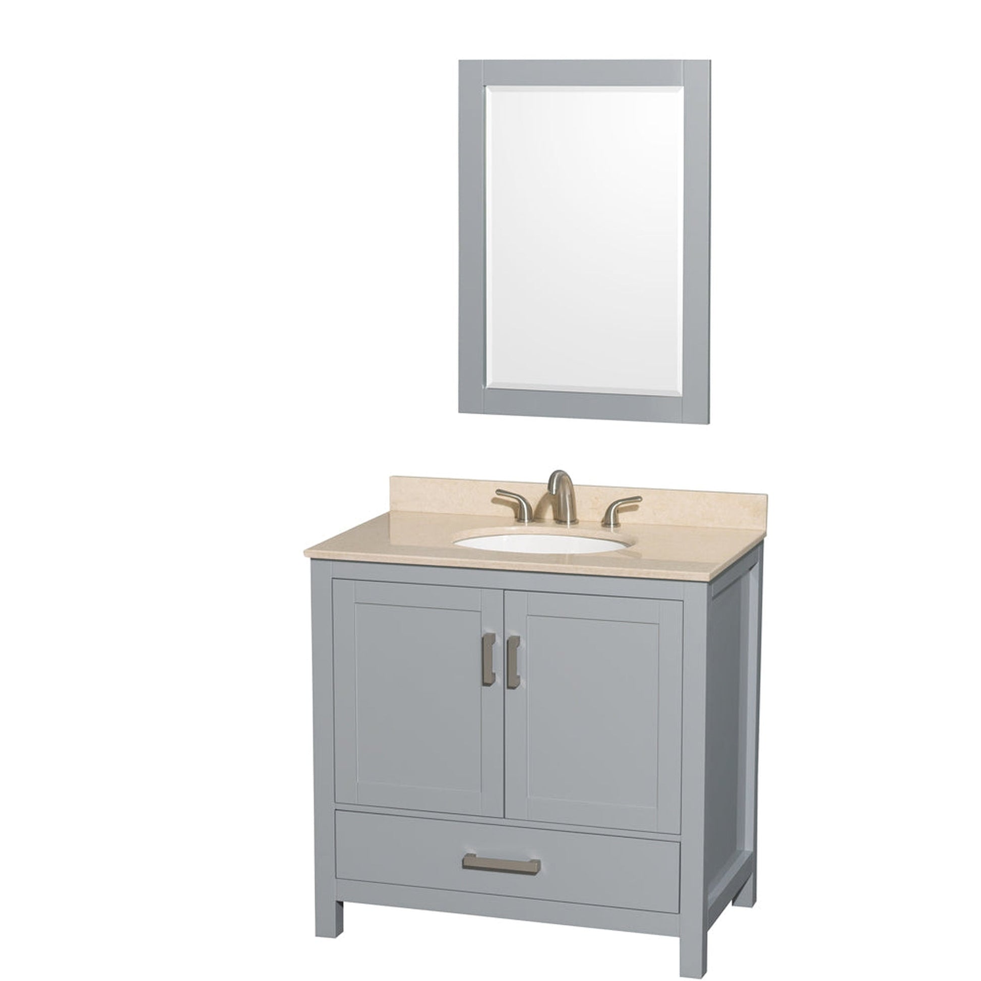 Wyndham Collection Sheffield 36" Single Bathroom Vanity in Gray, Ivory Marble Countertop, Undermount Oval Sink, and 24" Mirror