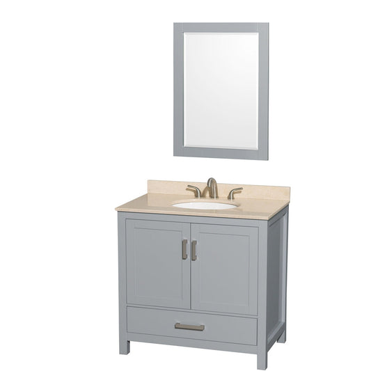 Wyndham Collection Sheffield 36" Single Bathroom Vanity in Gray, Ivory Marble Countertop, Undermount Oval Sink, and 24" Mirror