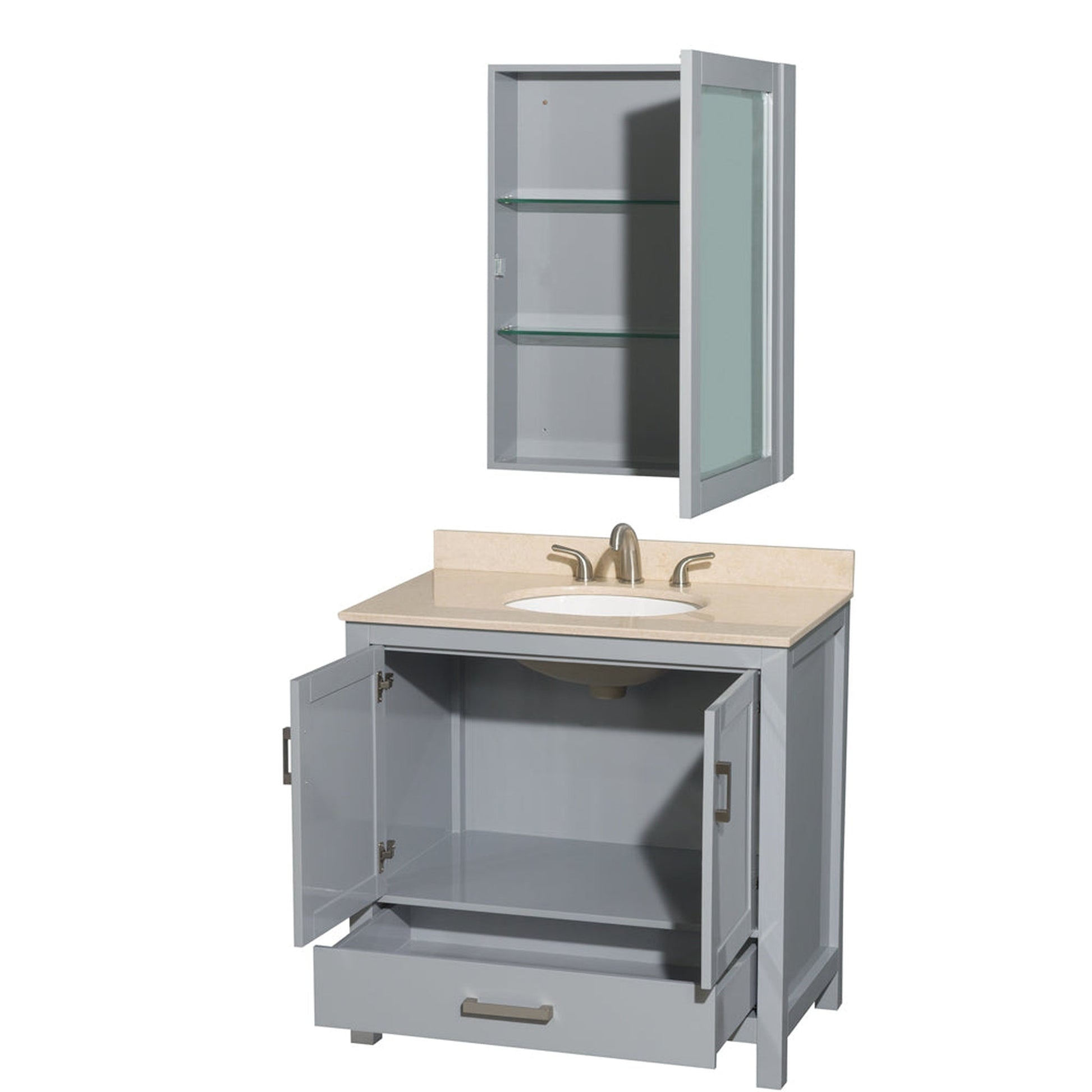 Wyndham Collection Sheffield 36" Single Bathroom Vanity in Gray, Ivory Marble Countertop, Undermount Oval Sink, and Medicine Cabinet