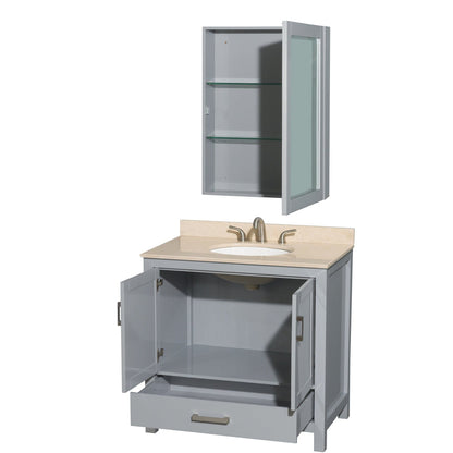 Wyndham Collection Sheffield 36" Single Bathroom Vanity in Gray, Ivory Marble Countertop, Undermount Oval Sink, and Medicine Cabinet