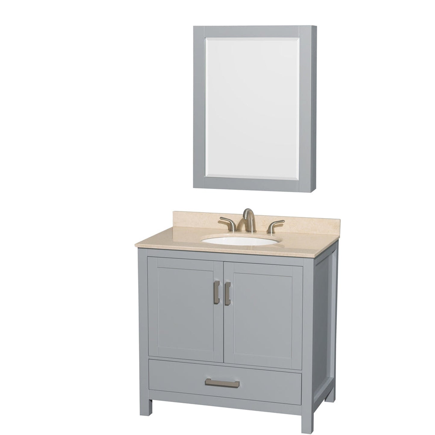 Wyndham Collection Sheffield 36" Single Bathroom Vanity in Gray, Ivory Marble Countertop, Undermount Oval Sink, and Medicine Cabinet