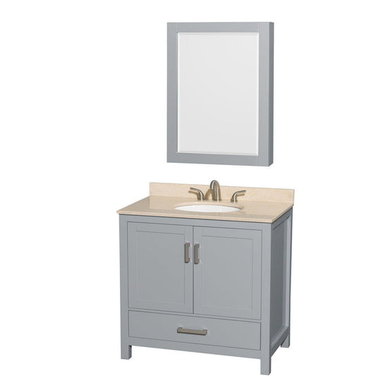 Wyndham Collection Sheffield 36" Single Bathroom Vanity in Gray, Ivory Marble Countertop, Undermount Oval Sink, and Medicine Cabinet