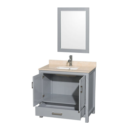 Wyndham Collection Sheffield 36" Single Bathroom Vanity in Gray, Ivory Marble Countertop, Undermount Square Sink, and 24" Mirror