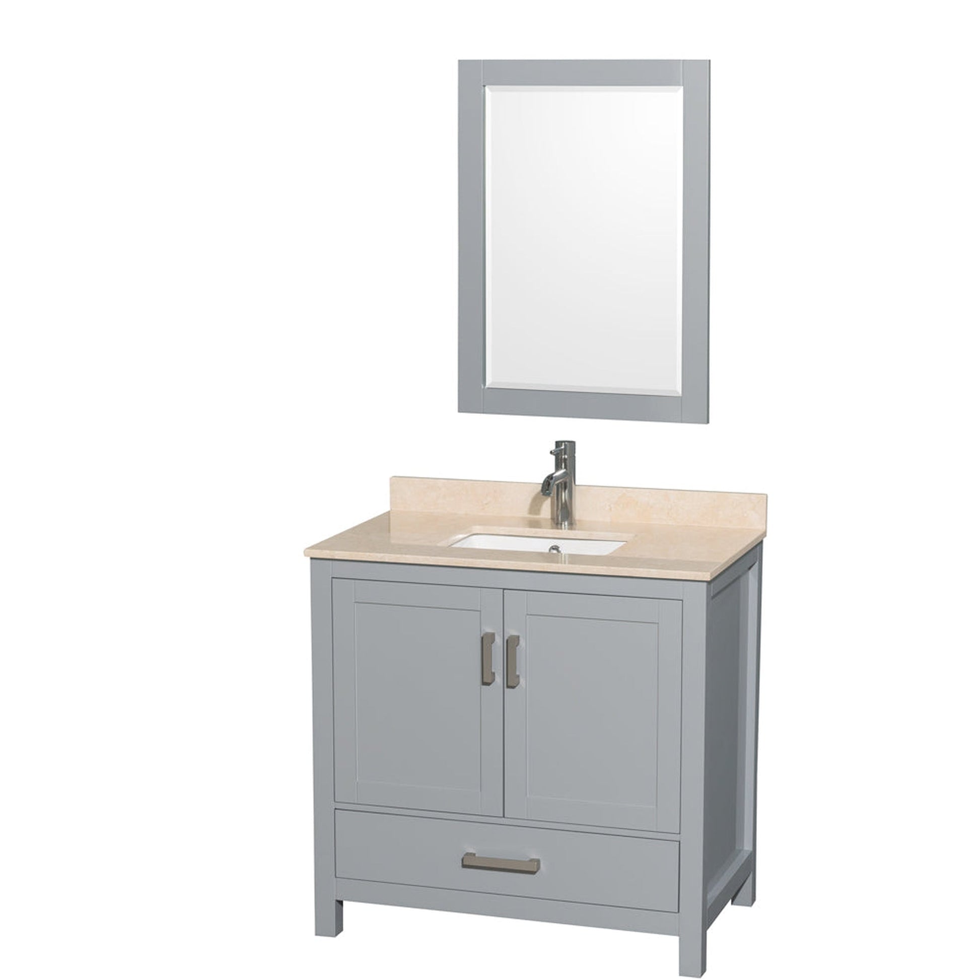 Wyndham Collection Sheffield 36" Single Bathroom Vanity in Gray, Ivory Marble Countertop, Undermount Square Sink, and 24" Mirror