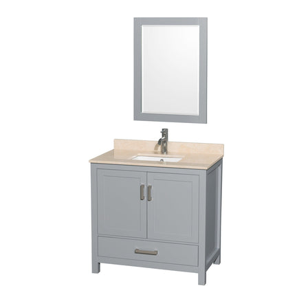 Wyndham Collection Sheffield 36" Single Bathroom Vanity in Gray, Ivory Marble Countertop, Undermount Square Sink, and 24" Mirror