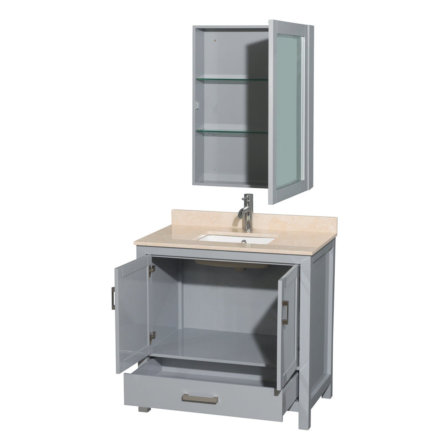 Wyndham Collection Sheffield 36" Single Bathroom Vanity in Gray, Ivory Marble Countertop, Undermount Square Sink, and Medicine Cabinet
