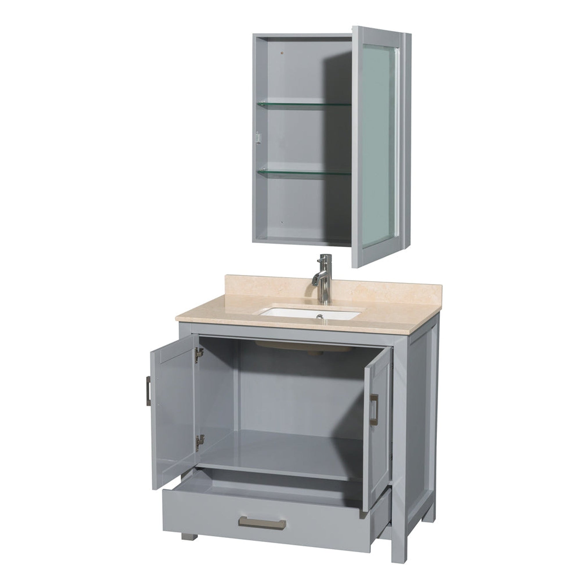 Wyndham Collection Sheffield 36" Single Bathroom Vanity in Gray, Ivory Marble Countertop, Undermount Square Sink, and Medicine Cabinet