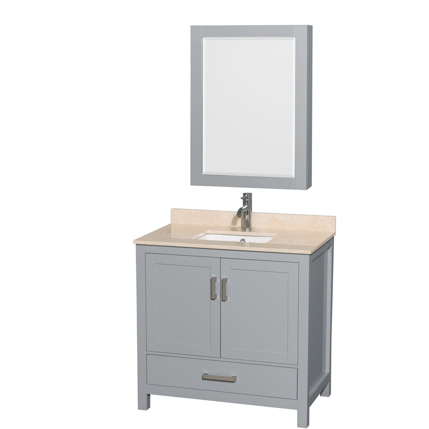 Wyndham Collection Sheffield 36" Single Bathroom Vanity in Gray, Ivory Marble Countertop, Undermount Square Sink, and Medicine Cabinet