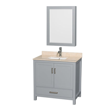 Wyndham Collection Sheffield 36" Single Bathroom Vanity in Gray, Ivory Marble Countertop, Undermount Square Sink, and Medicine Cabinet