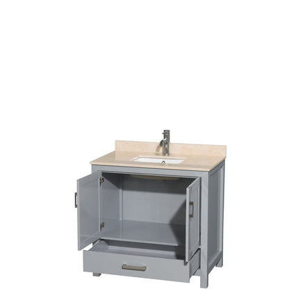 Wyndham Collection Sheffield 36" Single Bathroom Vanity in Gray, Ivory Marble Countertop, Undermount Square Sink, and No Mirror