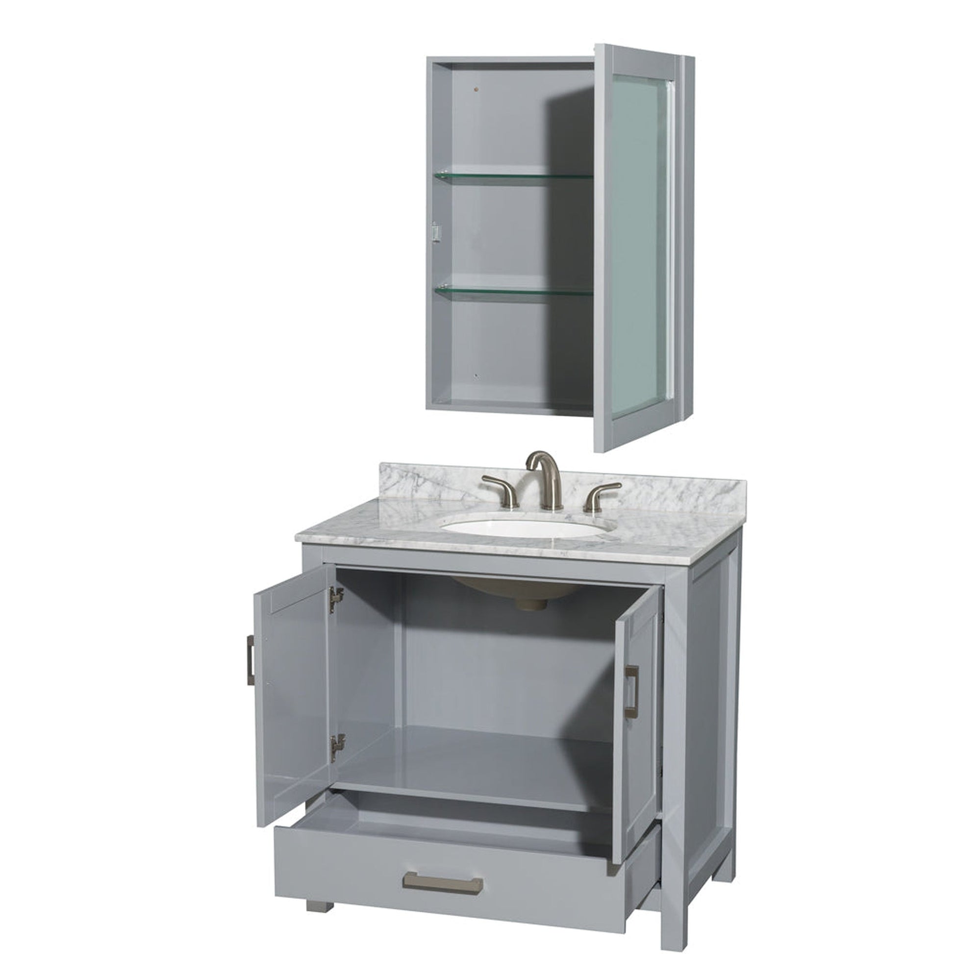 Wyndham Collection Sheffield 36" Single Bathroom Vanity in Gray, White Carrara Marble Countertop, Undermount Oval Sink, and Medicine Cabinet