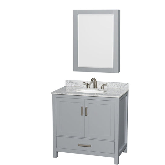 Wyndham Collection Sheffield 36" Single Bathroom Vanity in Gray, White Carrara Marble Countertop, Undermount Oval Sink, and Medicine Cabinet