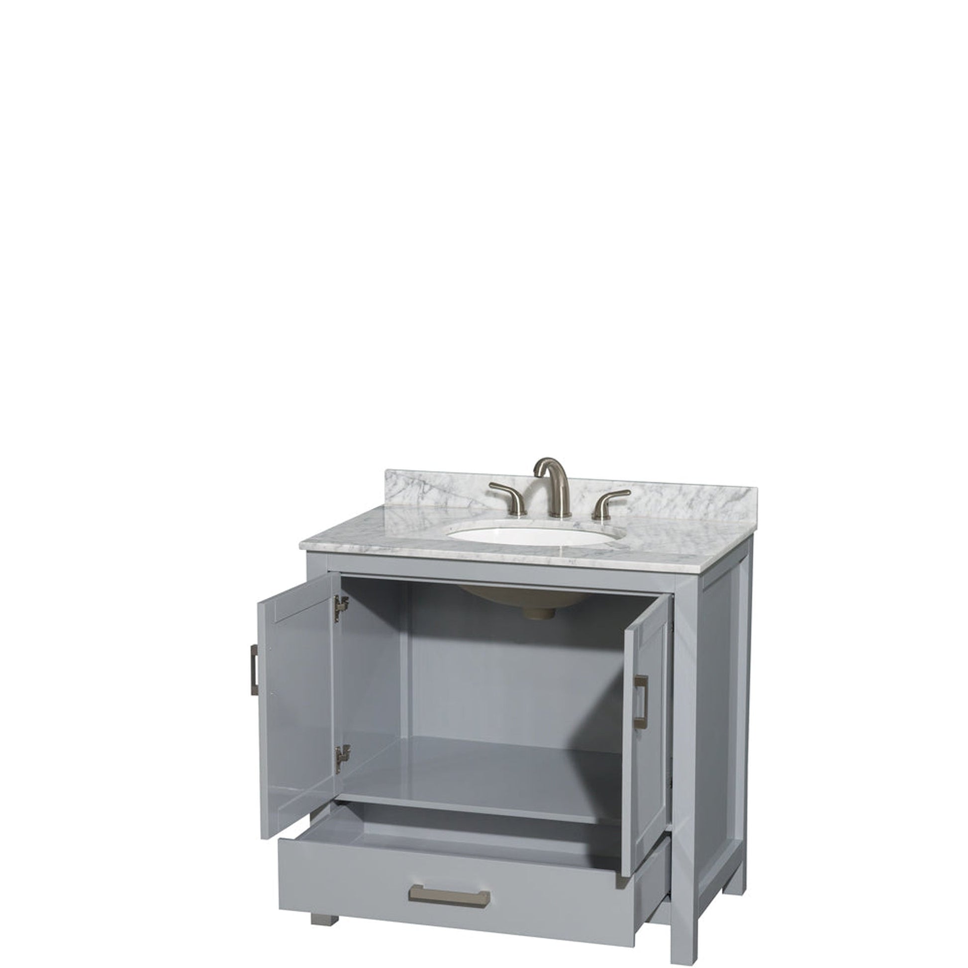 Wyndham Collection Sheffield 36" Single Bathroom Vanity in Gray, White Carrara Marble Countertop, Undermount Oval Sink, and No Mirror