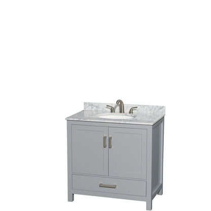 Wyndham Collection Sheffield 36" Single Bathroom Vanity in Gray, White Carrara Marble Countertop, Undermount Oval Sink, and No Mirror