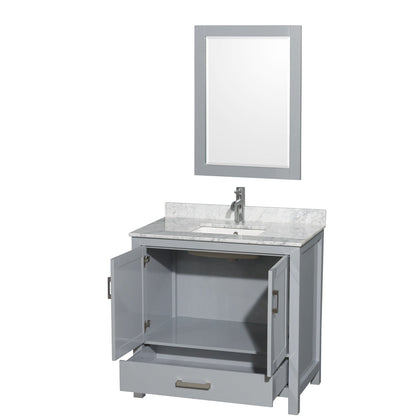 Wyndham Collection Sheffield 36" Single Bathroom Vanity in Gray, White Carrara Marble Countertop, Undermount Square Sink, and 24" Mirror
