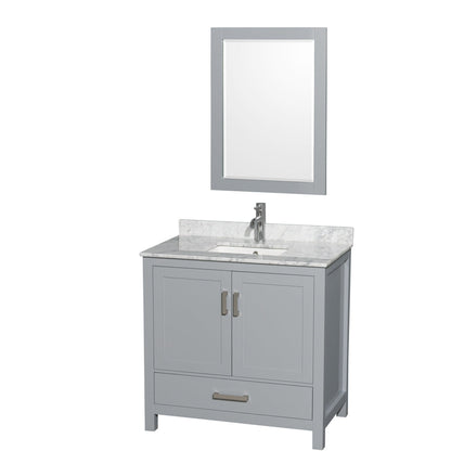 Wyndham Collection Sheffield 36" Single Bathroom Vanity in Gray, White Carrara Marble Countertop, Undermount Square Sink, and 24" Mirror