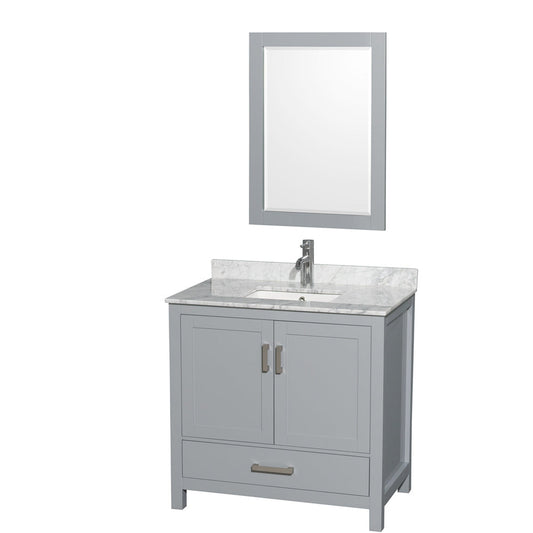 Wyndham Collection Sheffield 36" Single Bathroom Vanity in Gray, White Carrara Marble Countertop, Undermount Square Sink, and 24" Mirror