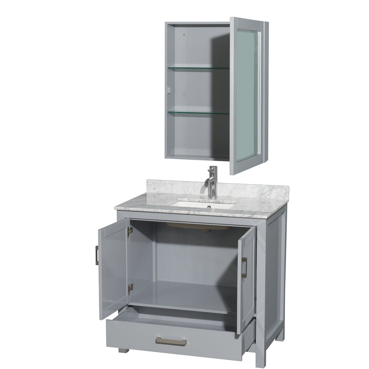 Wyndham Collection Sheffield 36" Single Bathroom Vanity in Gray, White Carrara Marble Countertop, Undermount Square Sink, and Medicine Cabinet