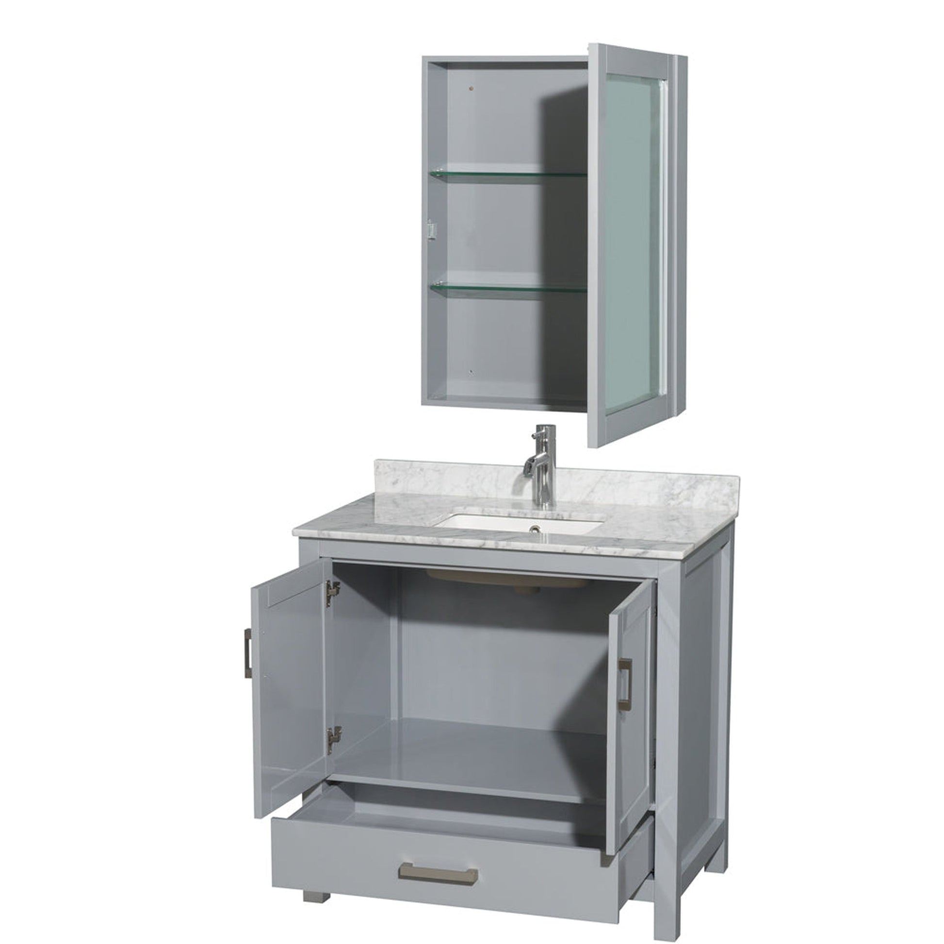 Wyndham Collection Sheffield 36" Single Bathroom Vanity in Gray, White Carrara Marble Countertop, Undermount Square Sink, and Medicine Cabinet