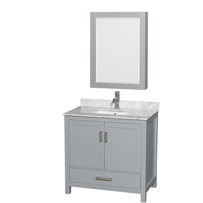 Wyndham Collection Sheffield 36" Single Bathroom Vanity in Gray, White Carrara Marble Countertop, Undermount Square Sink, and Medicine Cabinet