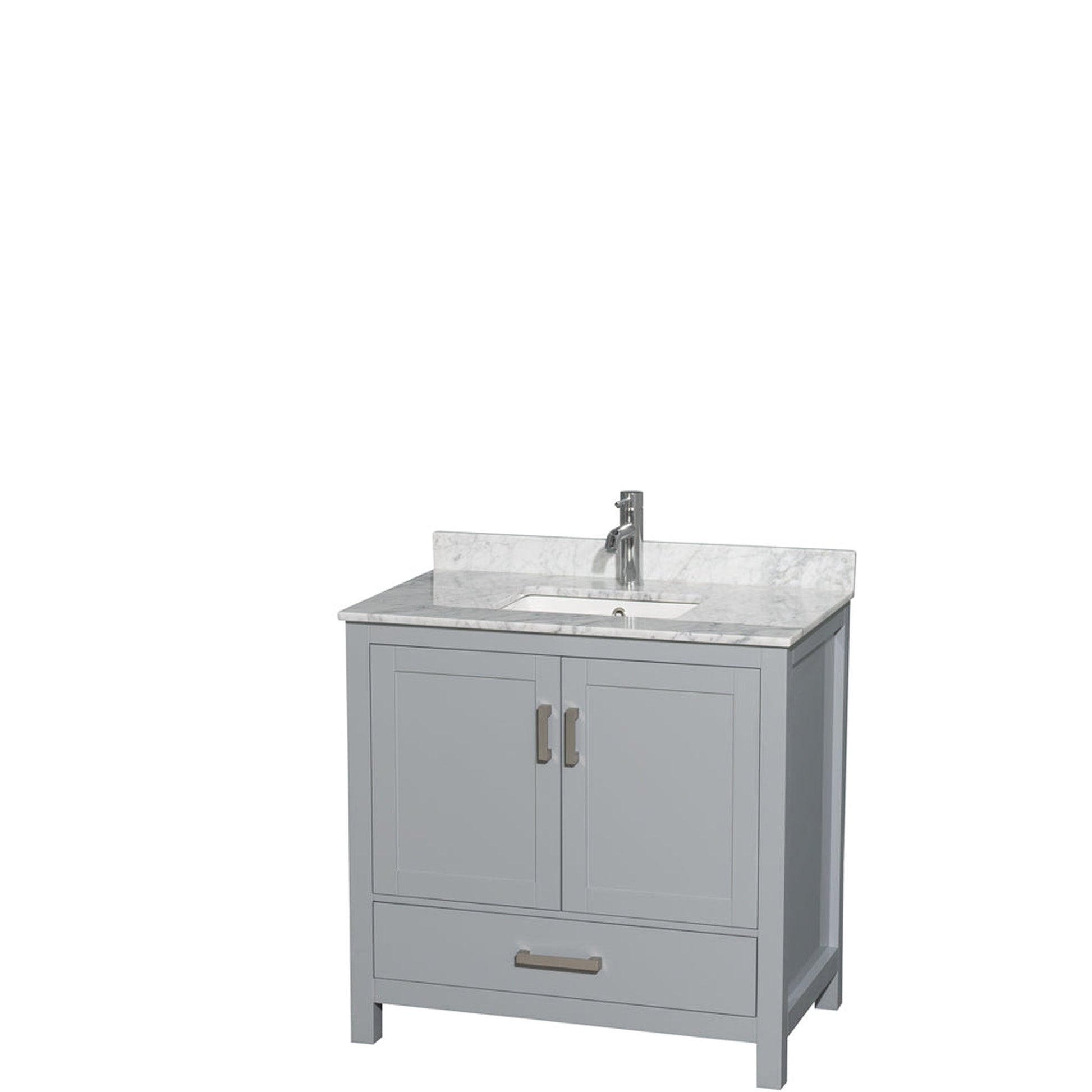 Wyndham Collection Sheffield 36" Single Bathroom Vanity in Gray, White Carrara Marble Countertop, Undermount Square Sink, and No Mirror