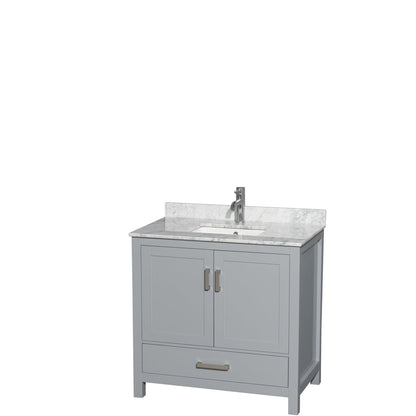 Wyndham Collection Sheffield 36" Single Bathroom Vanity in Gray, White Carrara Marble Countertop, Undermount Square Sink, and No Mirror