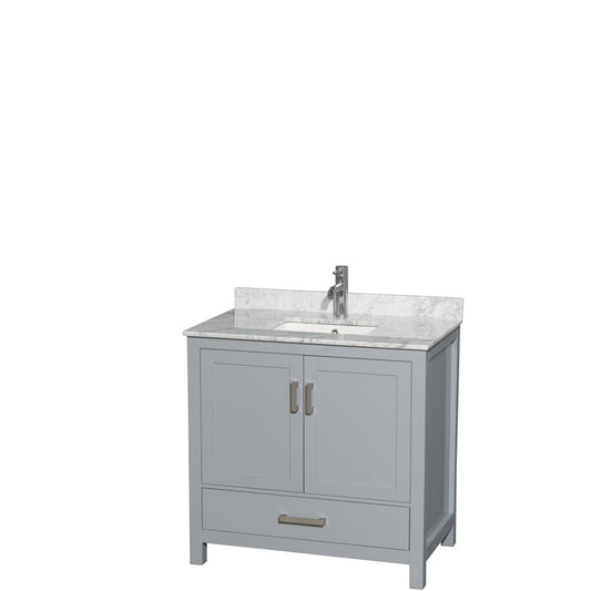 Wyndham Collection Sheffield 36" Single Bathroom Vanity in Gray, White Carrara Marble Countertop, Undermount Square Sink, and No Mirror