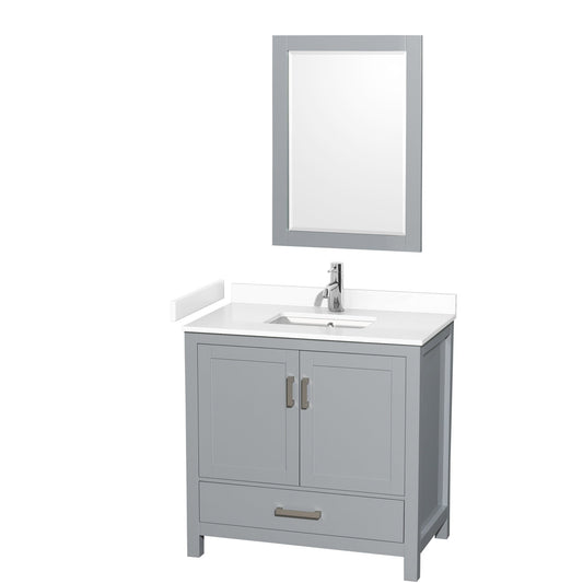 Wyndham Collection Sheffield 36" Single Bathroom Vanity in Gray, White Cultured Marble Countertop, Undermount Square Sink, 24" Mirror