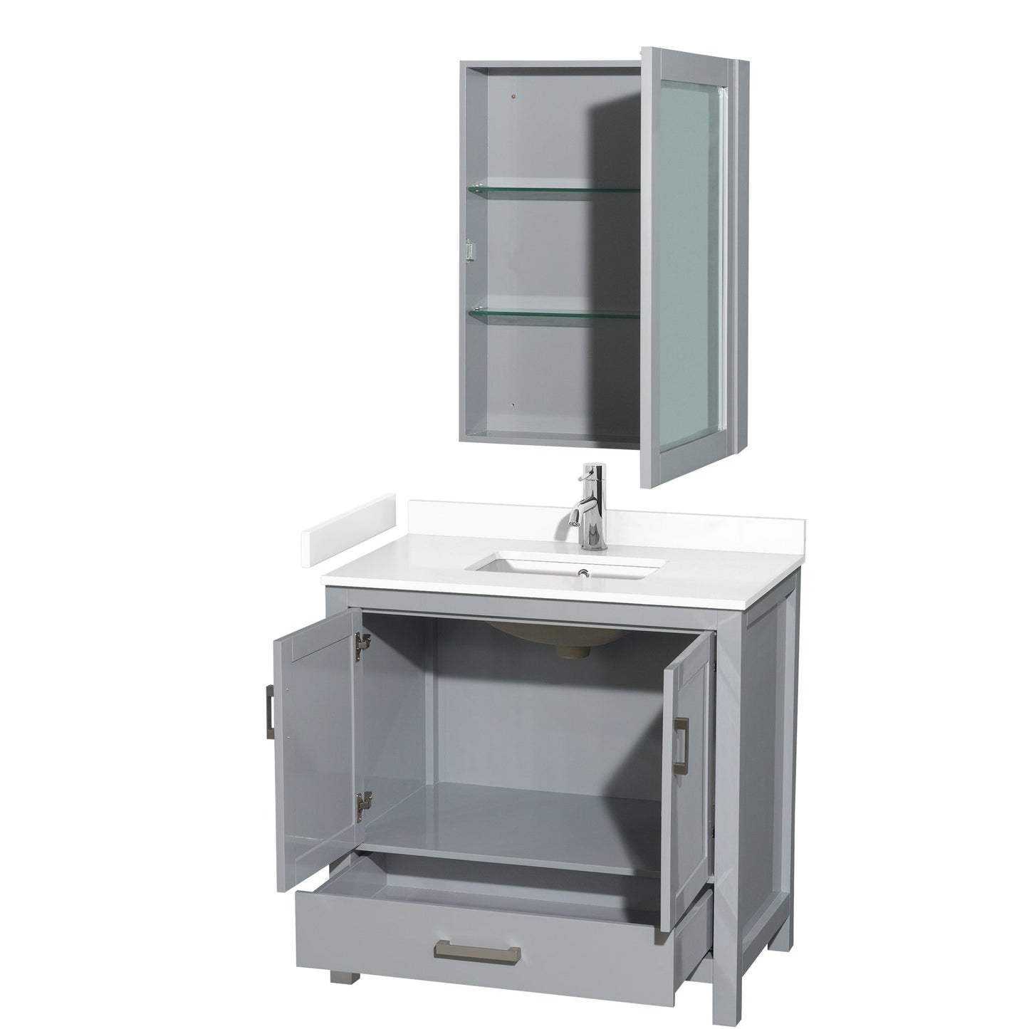 Wyndham Collection Sheffield 36" Single Bathroom Vanity in Gray, White Cultured Marble Countertop, Undermount Square Sink, Medicine Cabinet