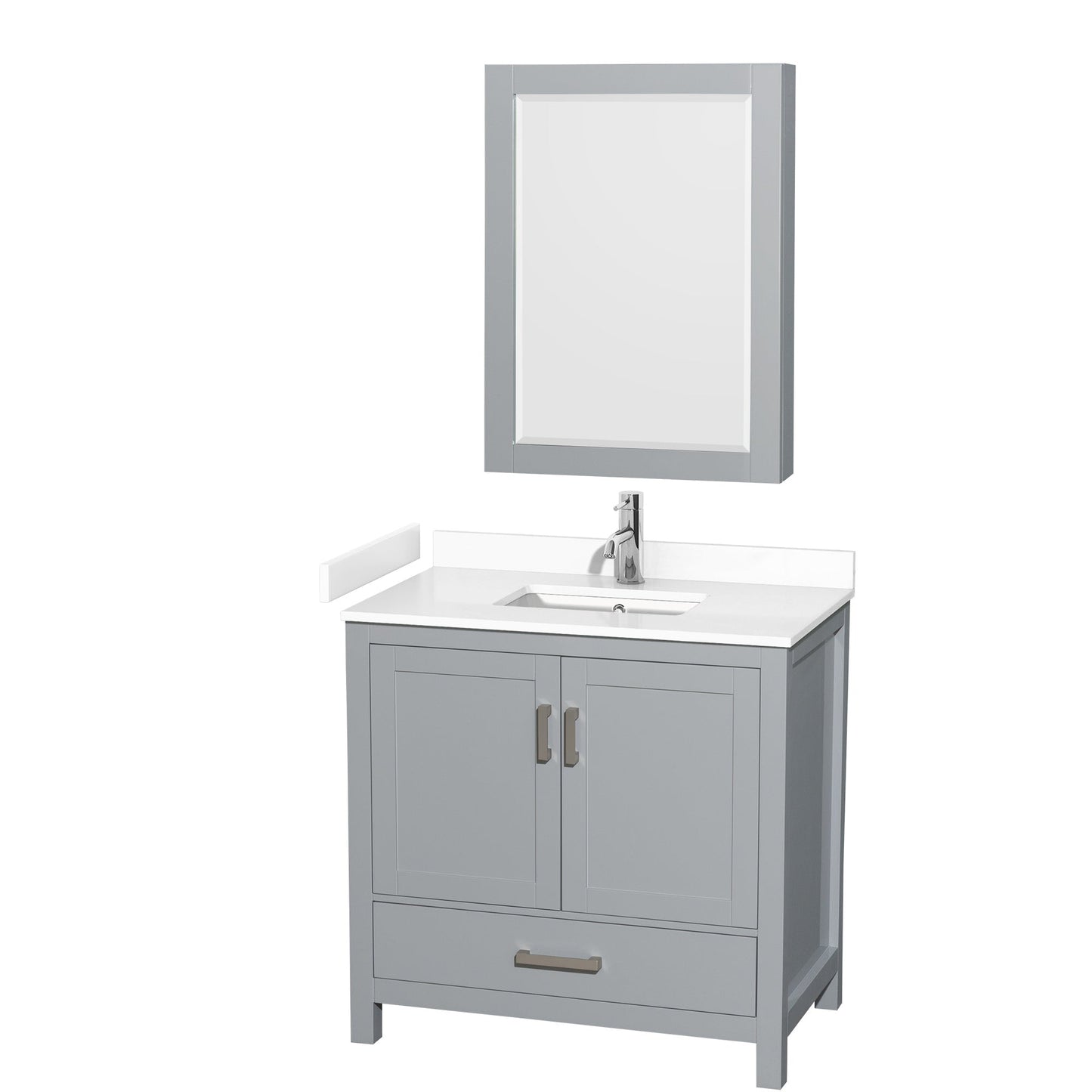 Wyndham Collection Sheffield 36" Single Bathroom Vanity in Gray, White Cultured Marble Countertop, Undermount Square Sink, Medicine Cabinet
