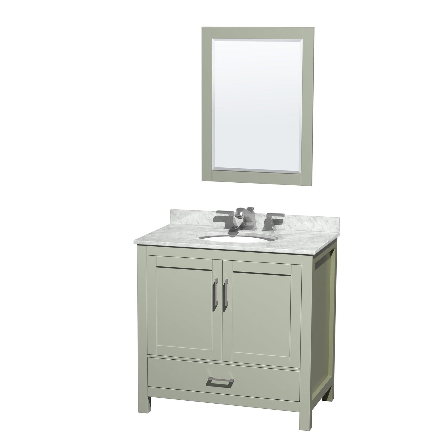 Wyndham Collection Sheffield 36" Single Bathroom Vanity in Light Green, White Carrara Marble Countertop, Undermount Oval Sink, Brushed Nickel Trim, 24" Mirror