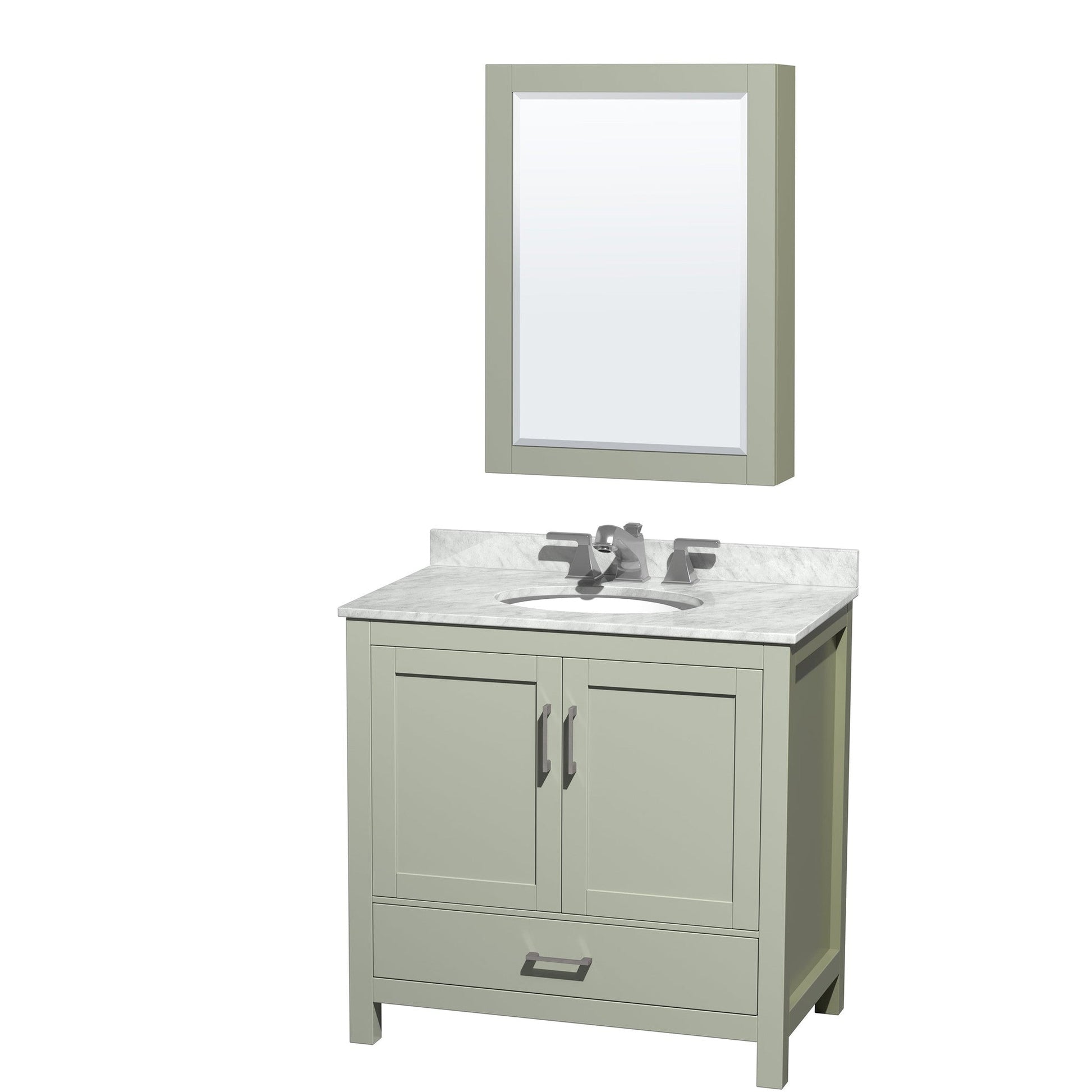 Wyndham Collection Sheffield 36" Single Bathroom Vanity in Light Green, White Carrara Marble Countertop, Undermount Oval Sink, Brushed Nickel Trim, Medicine Cabinet