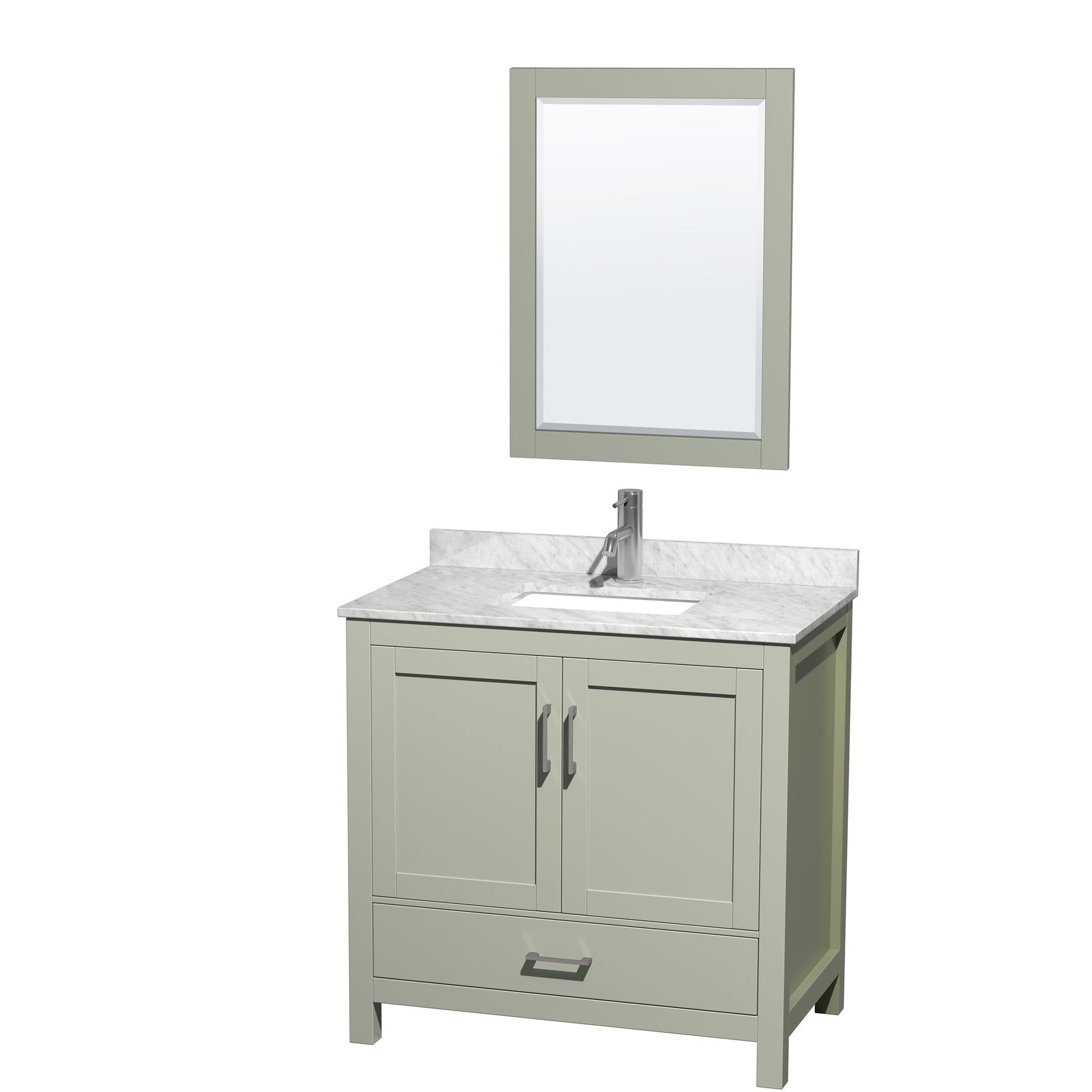 Wyndham Collection Sheffield 36" Single Bathroom Vanity in Light Green, White Carrara Marble Countertop, Undermount Square Sink, Brushed Nickel Trim, 24" Mirror