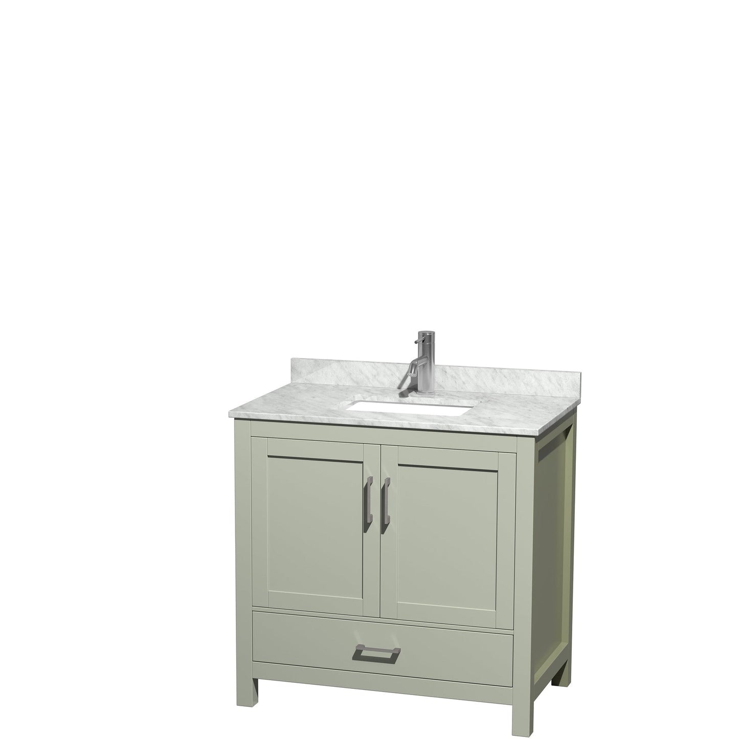 Wyndham Collection Sheffield 36" Single Bathroom Vanity in Light Green, White Carrara Marble Countertop, Undermount Square Sink, Brushed Nickel Trim