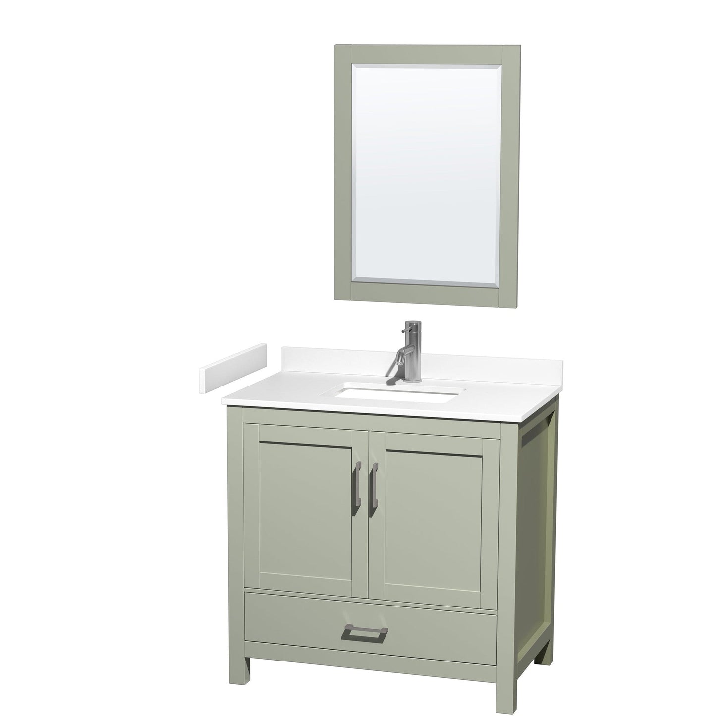 Wyndham Collection Sheffield 36" Single Bathroom Vanity in Light Green, White Cultured Marble Countertop, Undermount Square Sink, Brushed Nickel Trim, 24" Mirror