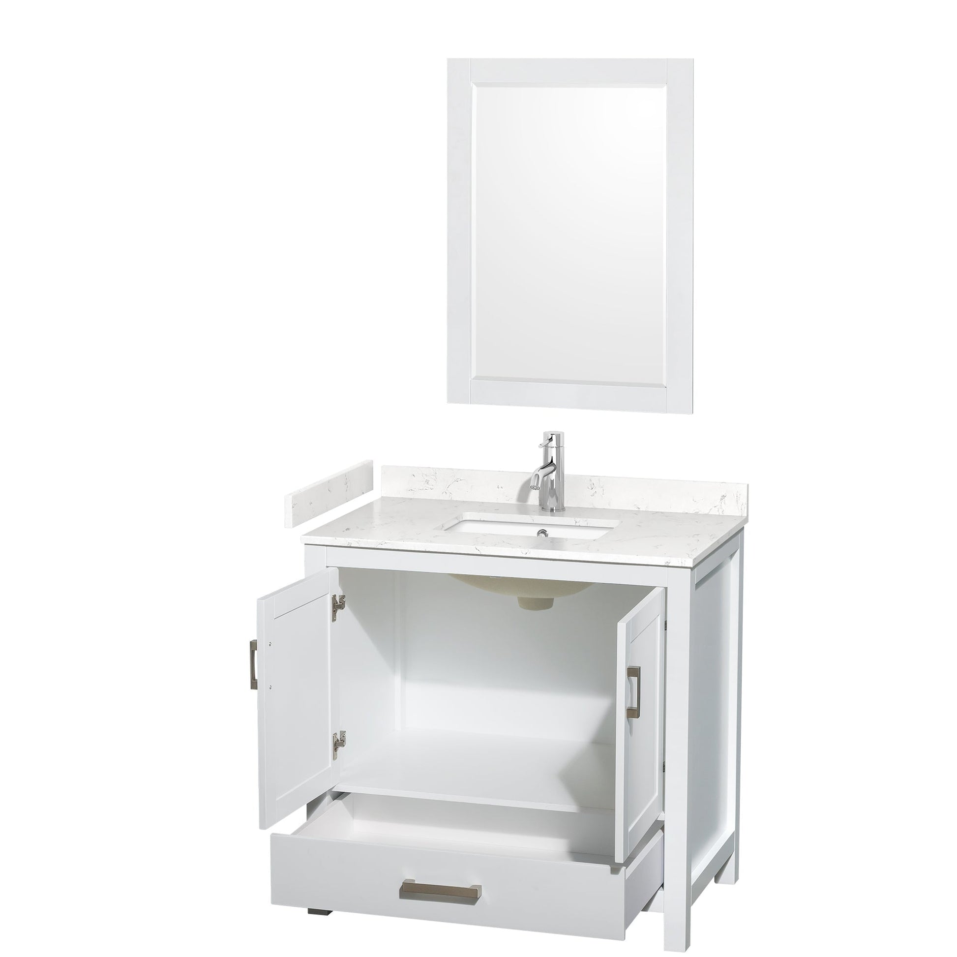 Wyndham Collection Sheffield 36" Single Bathroom Vanity in White, Carrara Cultured Marble Countertop, Undermount Square Sink, 24" Mirror