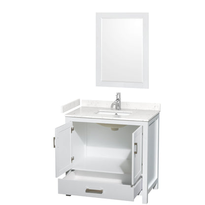 Wyndham Collection Sheffield 36" Single Bathroom Vanity in White, Carrara Cultured Marble Countertop, Undermount Square Sink, 24" Mirror