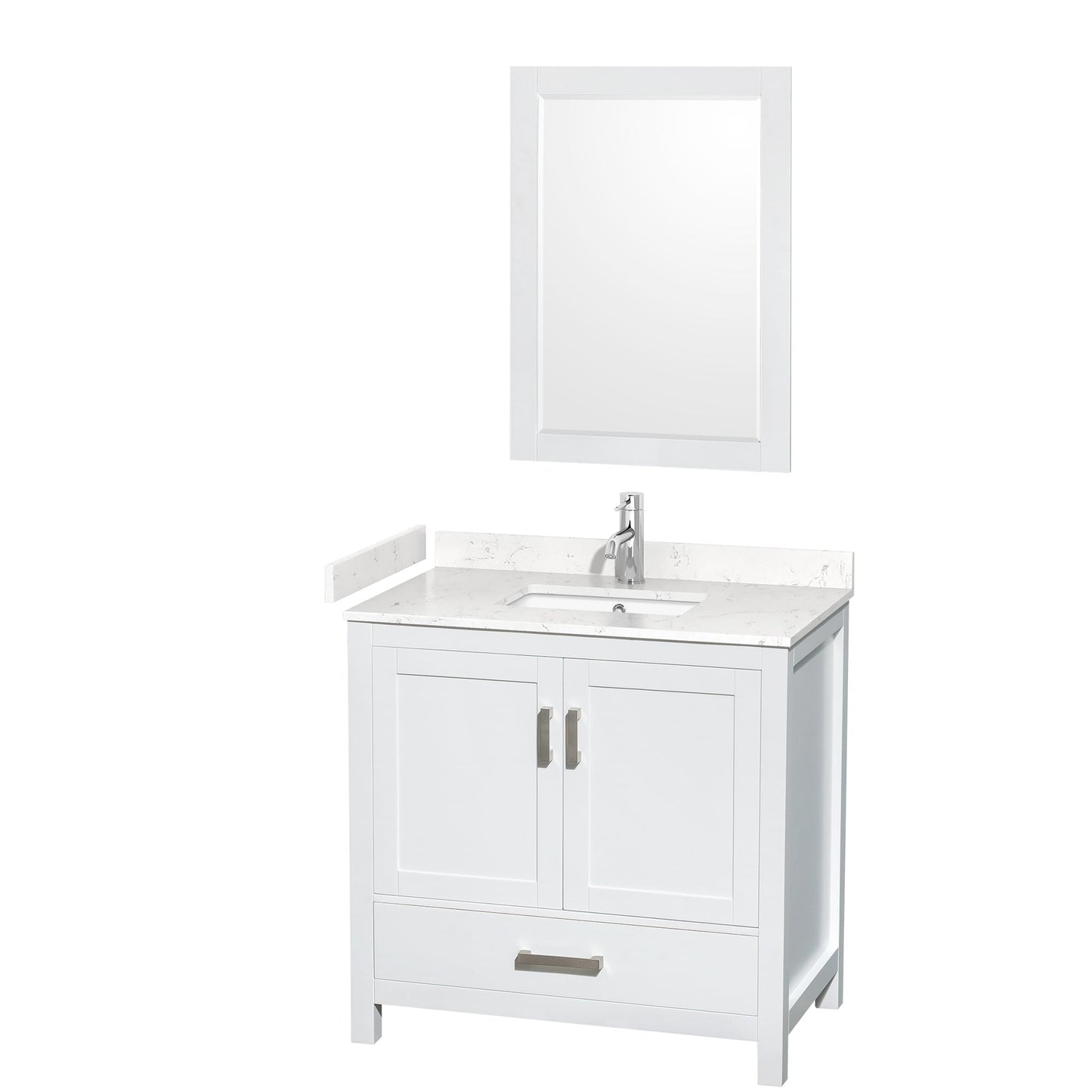 Wyndham Collection Sheffield 36" Single Bathroom Vanity in White, Carrara Cultured Marble Countertop, Undermount Square Sink, 24" Mirror