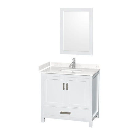 Wyndham Collection Sheffield 36" Single Bathroom Vanity in White, Carrara Cultured Marble Countertop, Undermount Square Sink, 24" Mirror